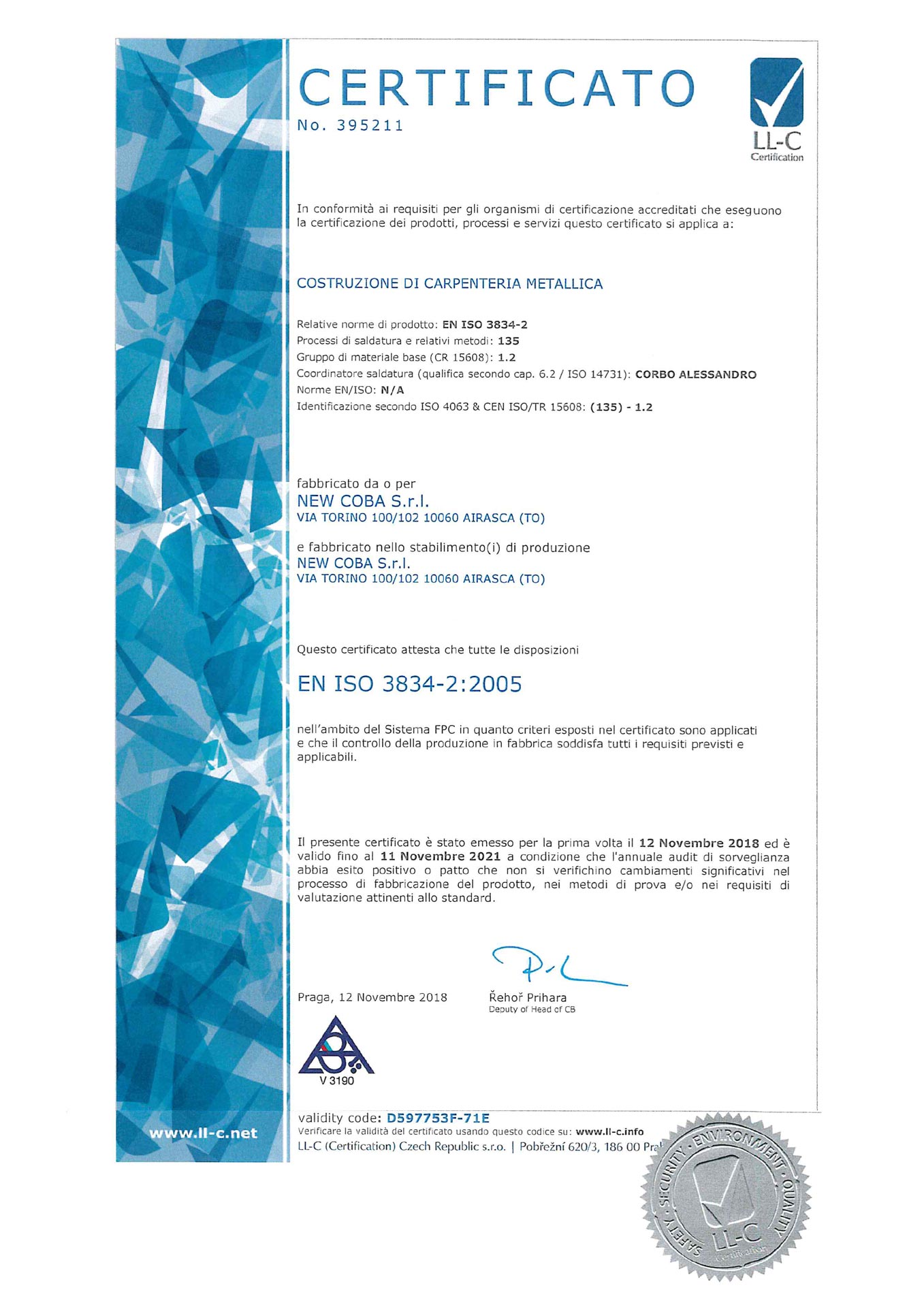 Certificazione EN ISO 3834-2 New coba